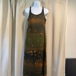 VTG City Triangles Dress Maxi Green‎ Brown Floral Cottagecore